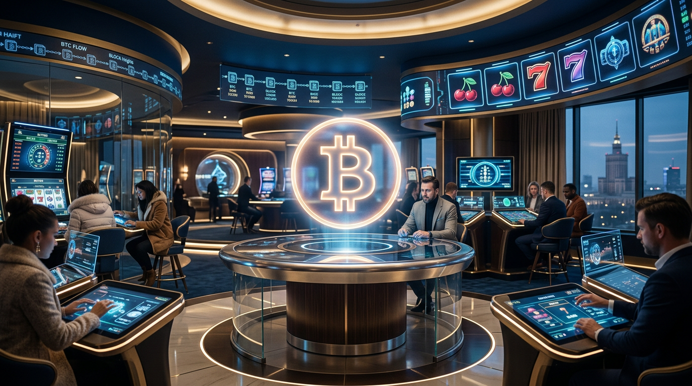 Futurystyczne kasyno bitcoin z hologramami i symbolami kryptowalut