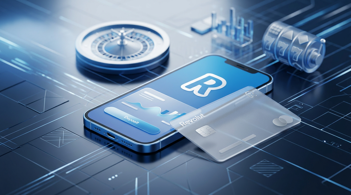 Smartfon z aplikacją Revolut oraz karta płatnicza na tle cyfrowych elementów kasynowych.