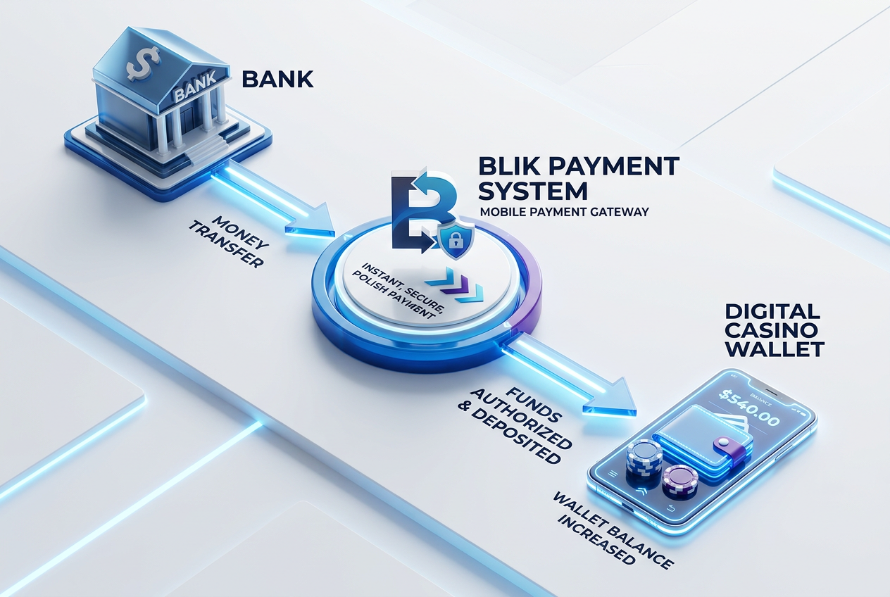 Diagram pokazujący bezpieczny przepływ środków z banku przez system BLIK do kasyna online